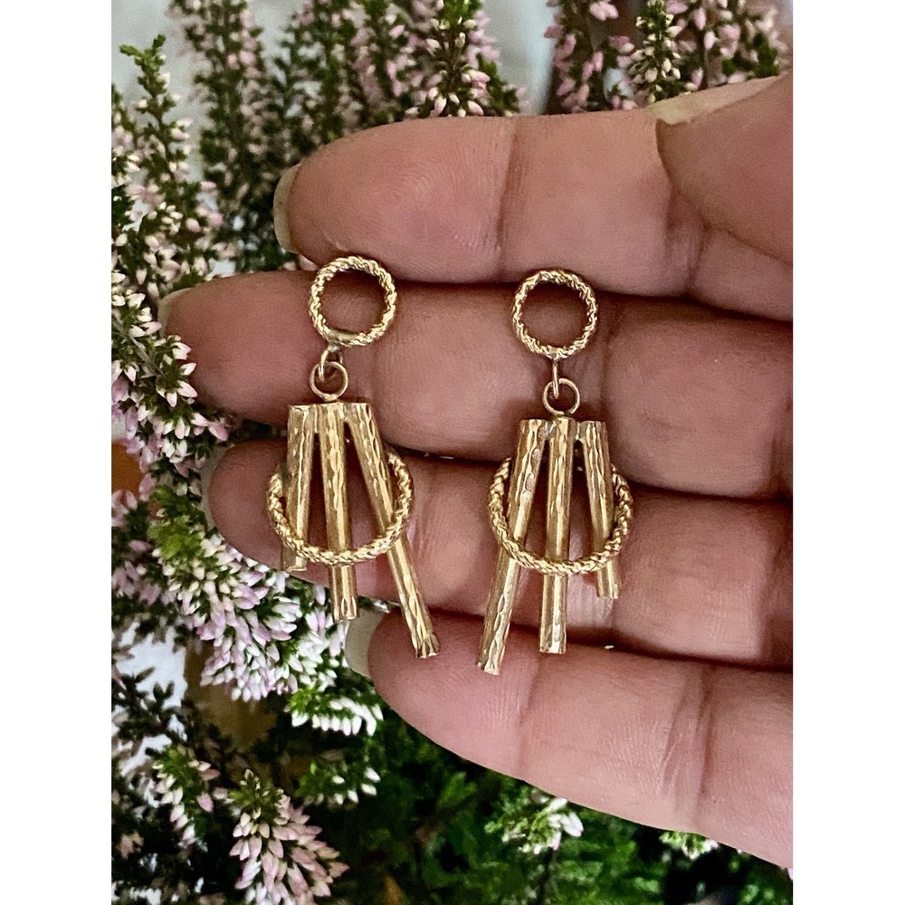 VINTAGE 80s RETRO 14K YELLOW GOLD DANGLE DROP PIERCED EARRINGS 585*NOT‎ SCRAP